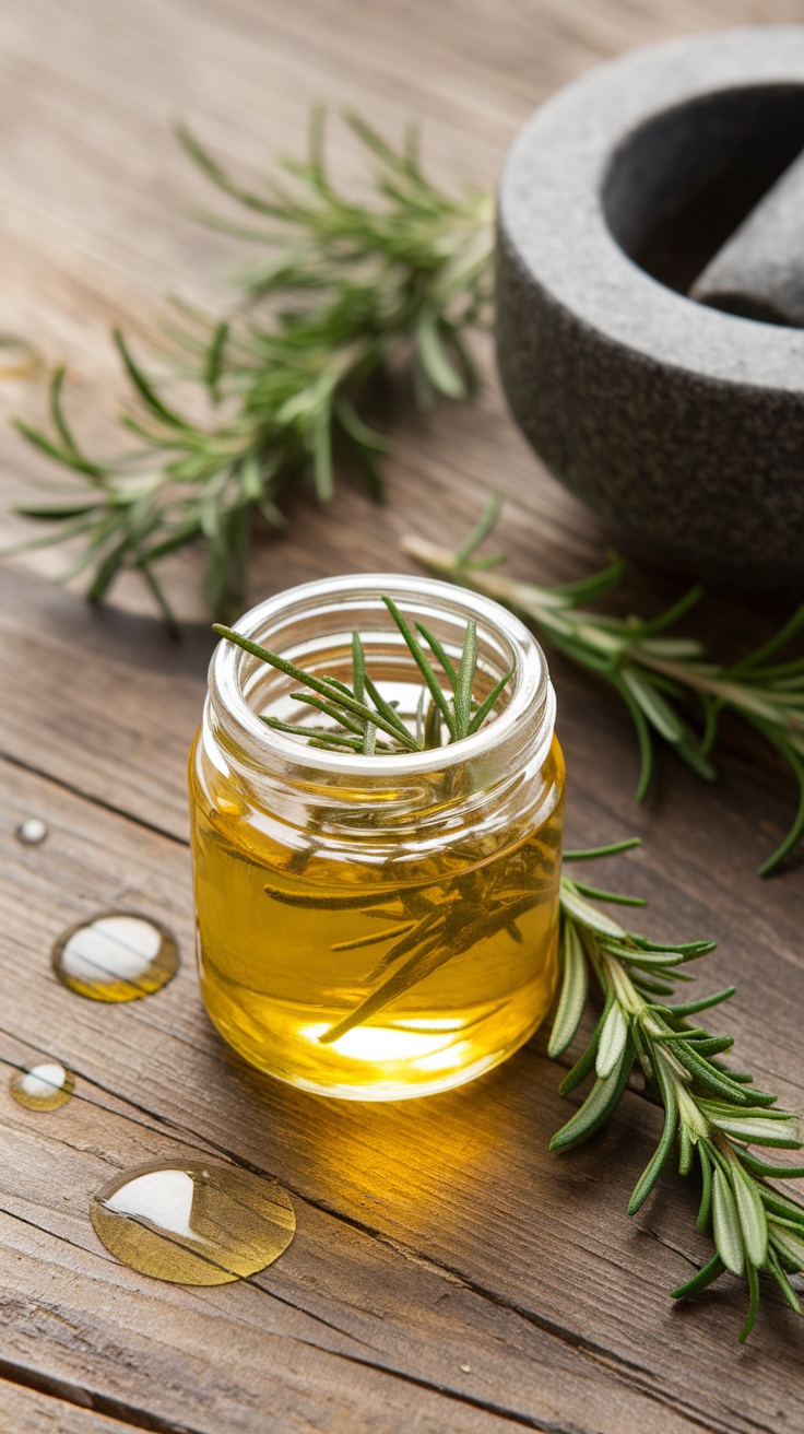 DIY Rosemary Hair Oil for Hair Growth A jar of rosemary-infused oil with fresh rosemary sprigs on a wooden table, showcasing a DIY hair growth remedy.